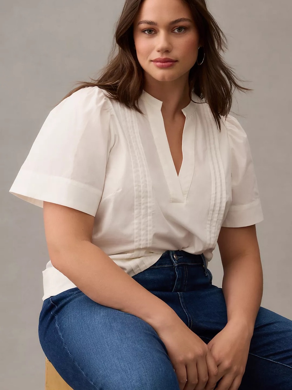 Anthropologie Maeve Poplin Pintuck White Blouse Plus Size 14 Fall Crisp Office